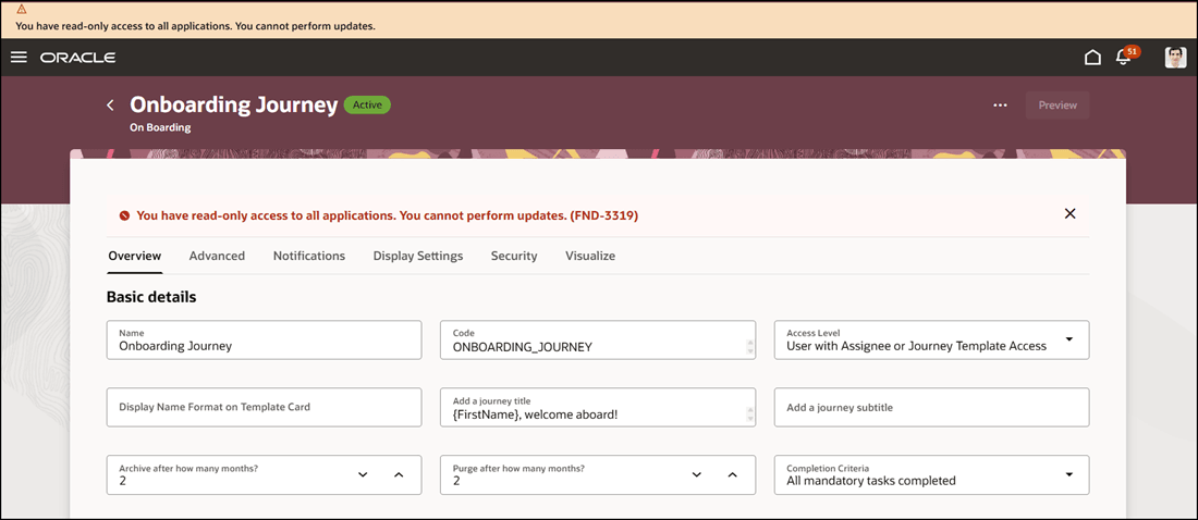Message Displayed When User Tries to Edit and Save Journey Template