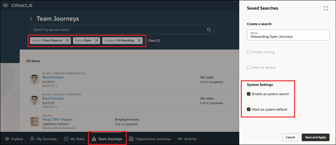 Saved Search on Team Journeys Page