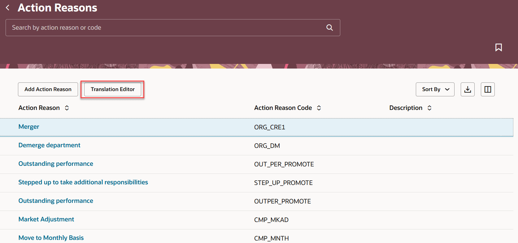 Configure Action Reasons page
