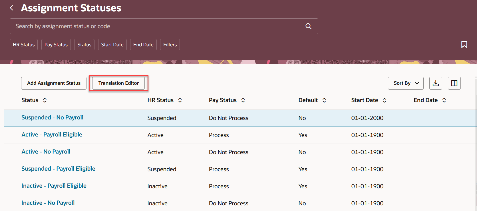 Assignment Statuses page