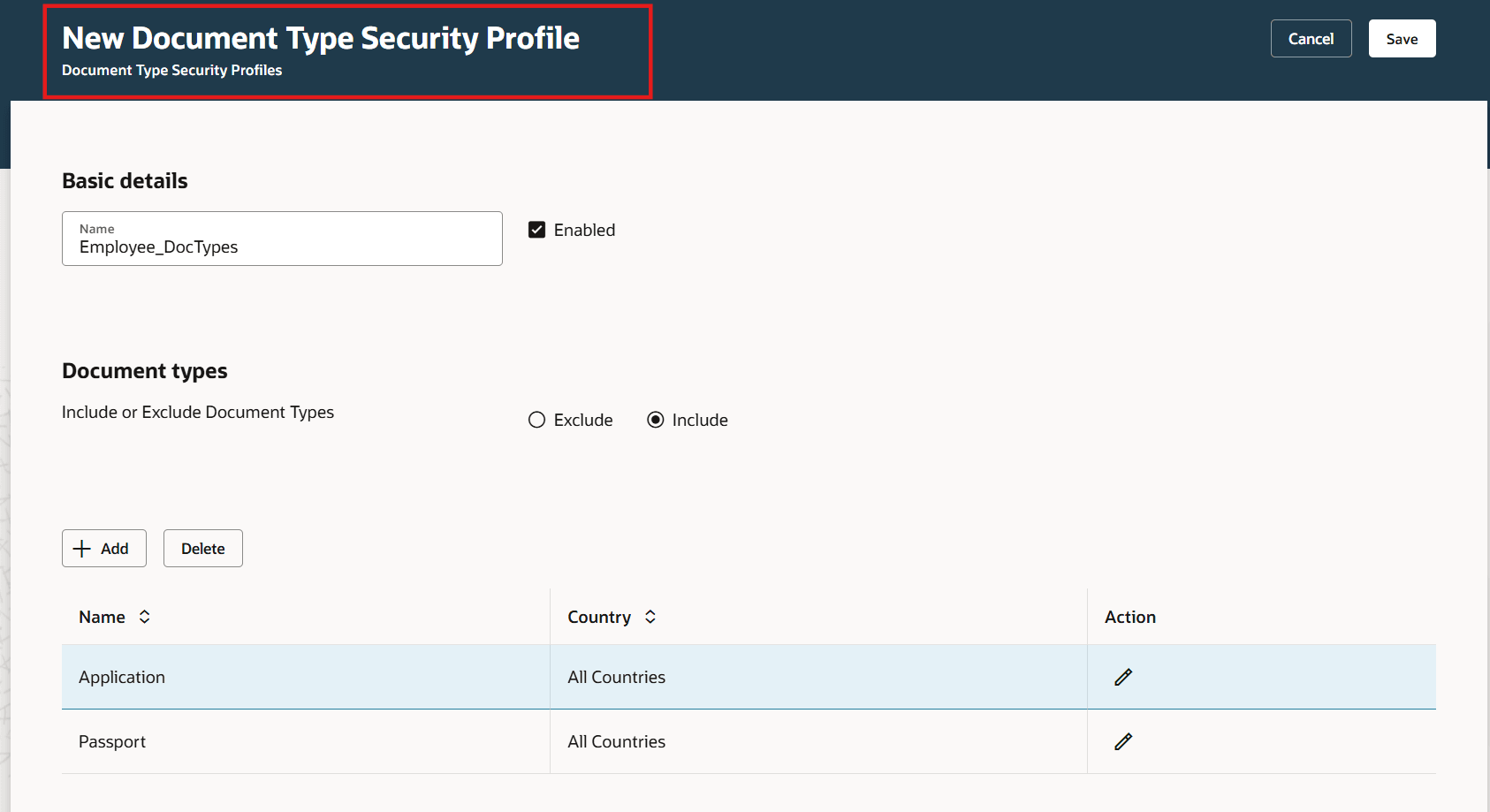 Add Redwood Document Type Security Profile Page