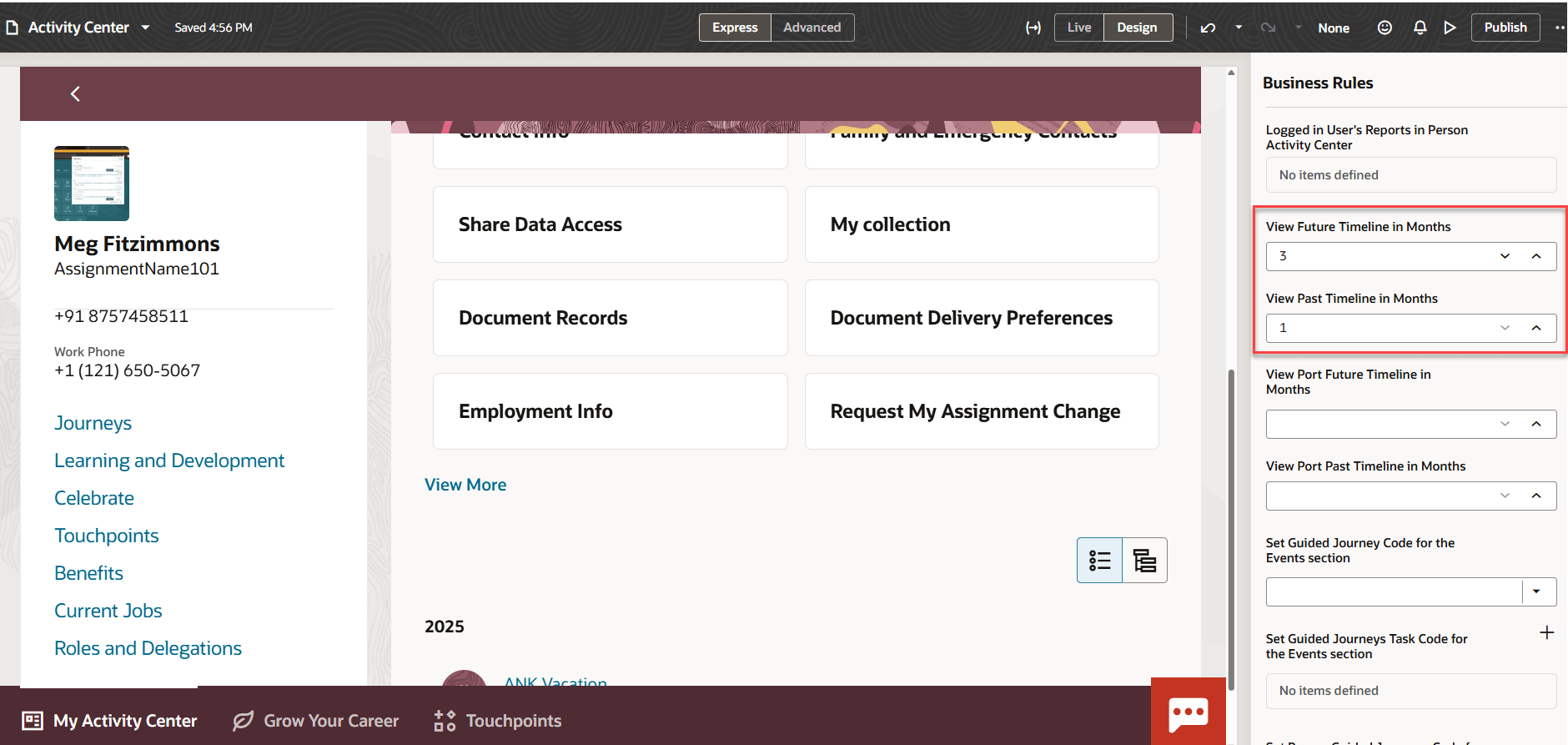 Page properties for viewing timeline in My and Person Activity Center