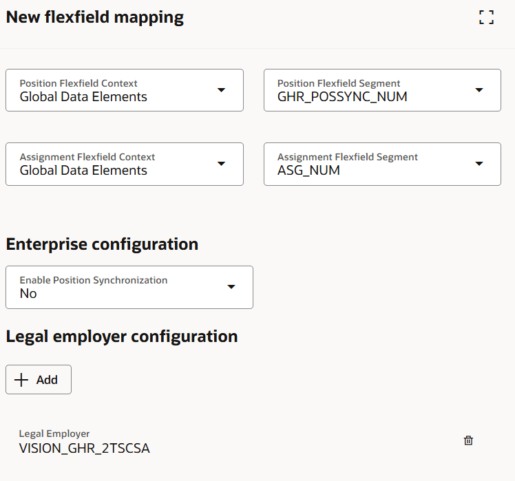 Assignment Flexfield Mapping page with Enterprise and Legal Employer configuration sections enabled