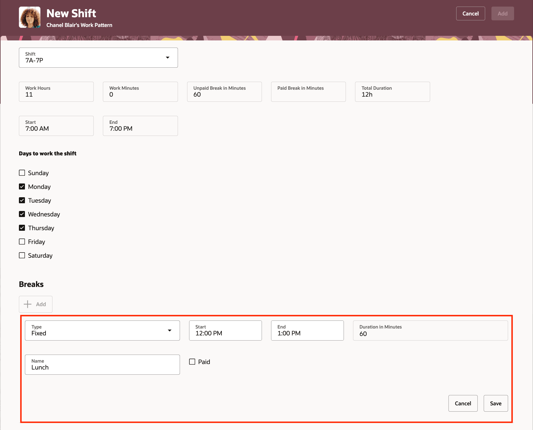 Define Breaks Directly on Work Pattern Templates and Work Patterns Shifts