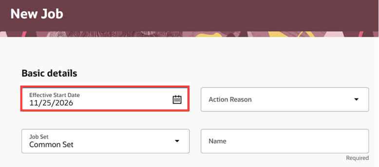 New Job page showing Effective Start Date in the US date format