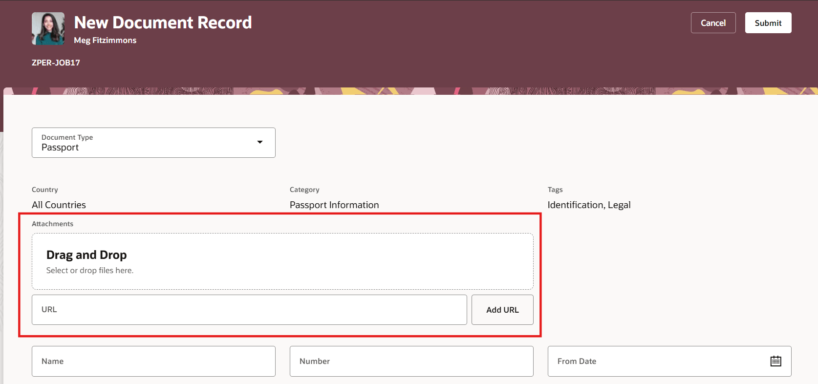 Attachments Region on Add Document Record Page