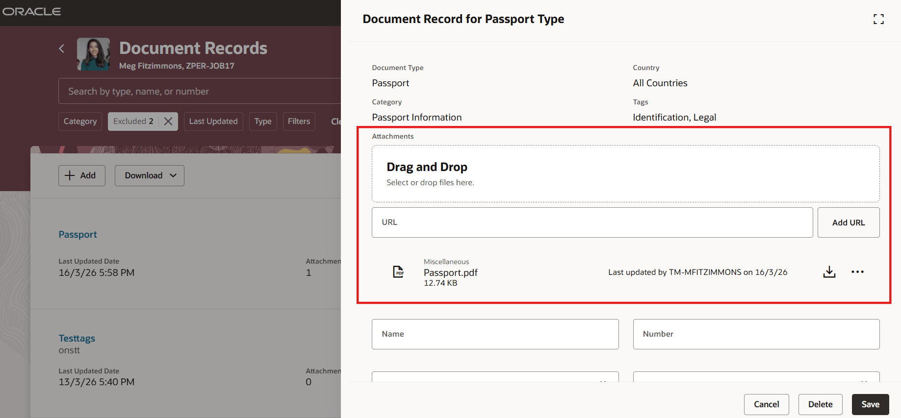 Attachments Region on Edit Document Record Page