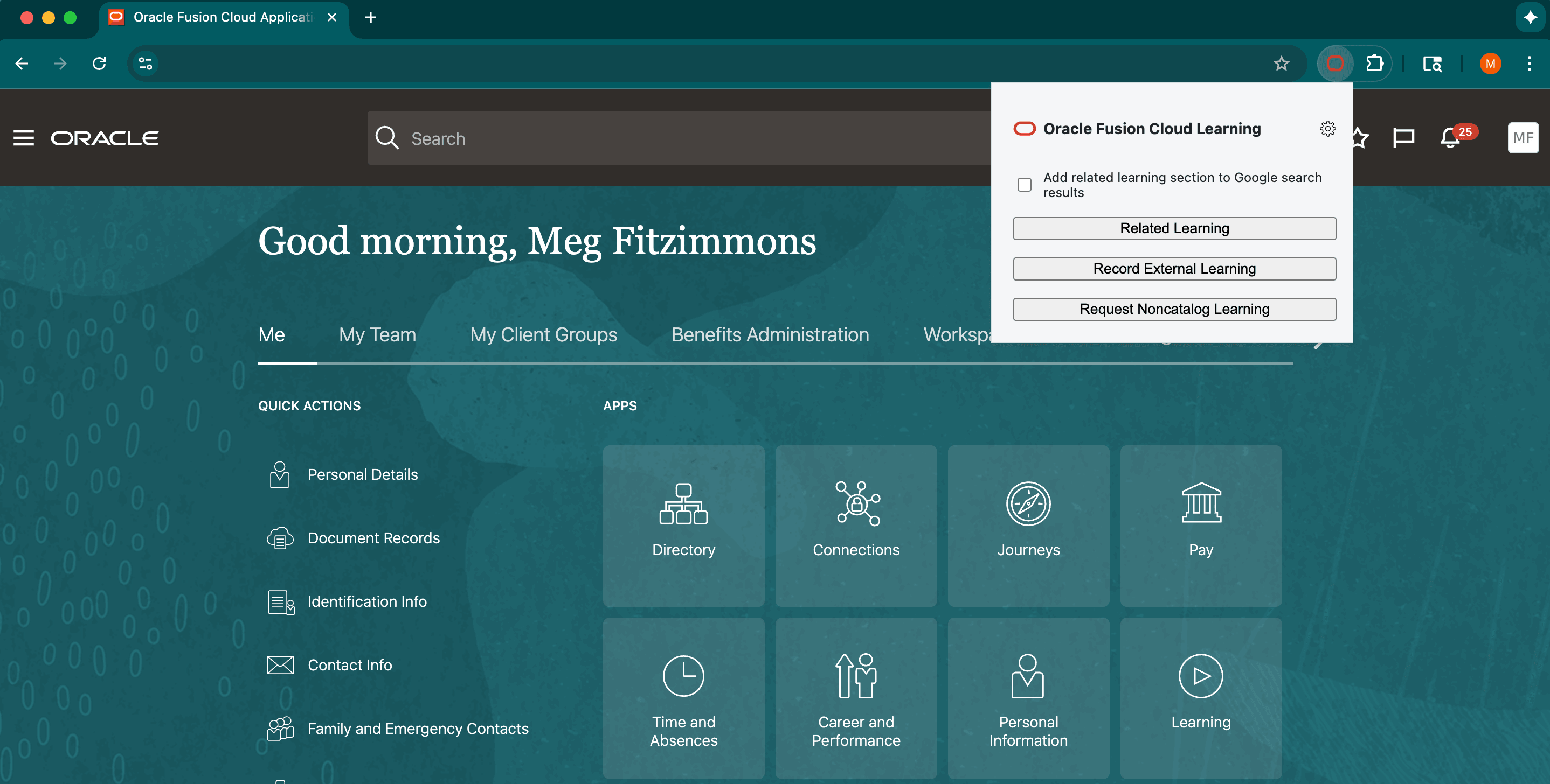 Oracle HCM Learning Chrome Extension Main Menu