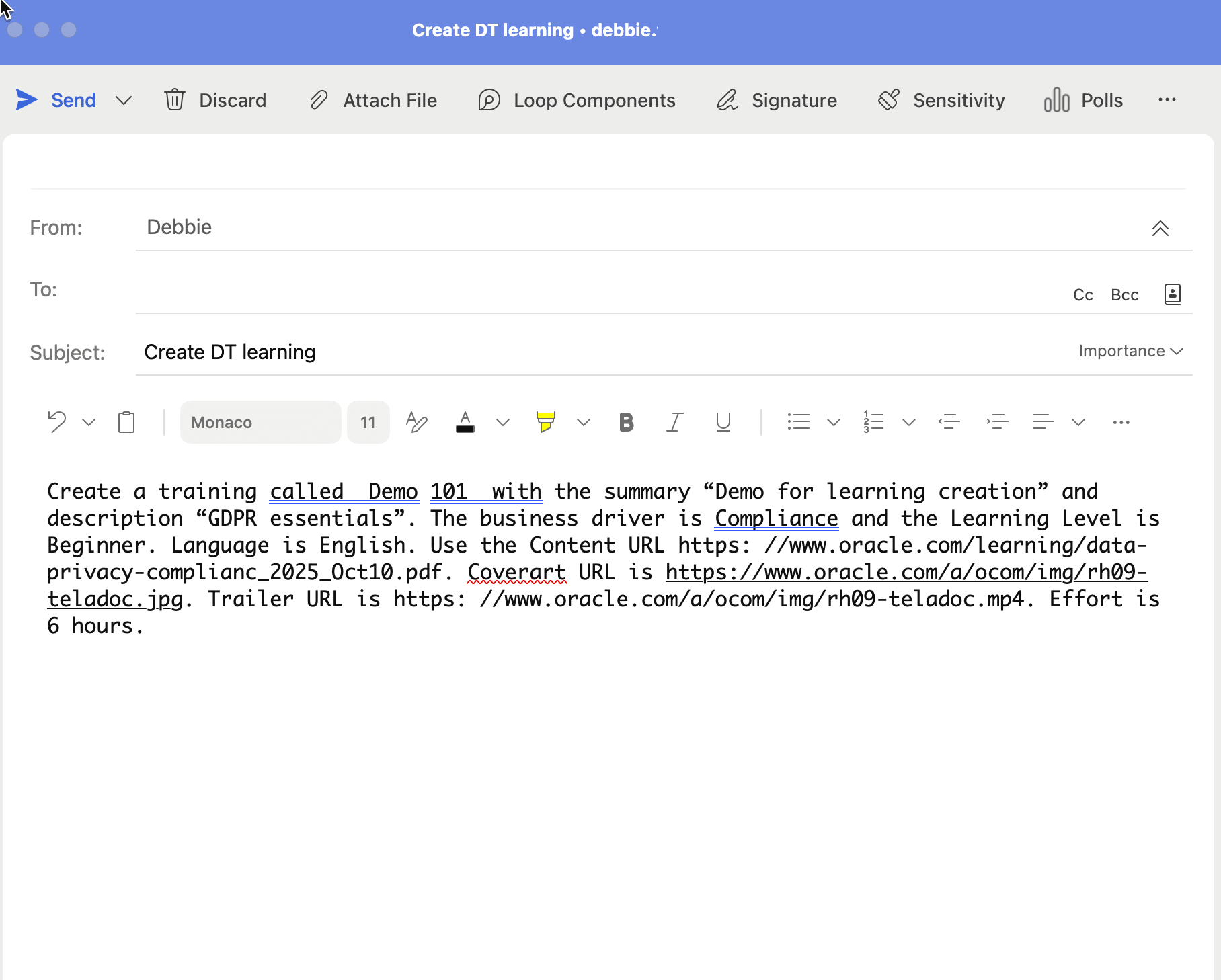 Email with Instructions in the Body