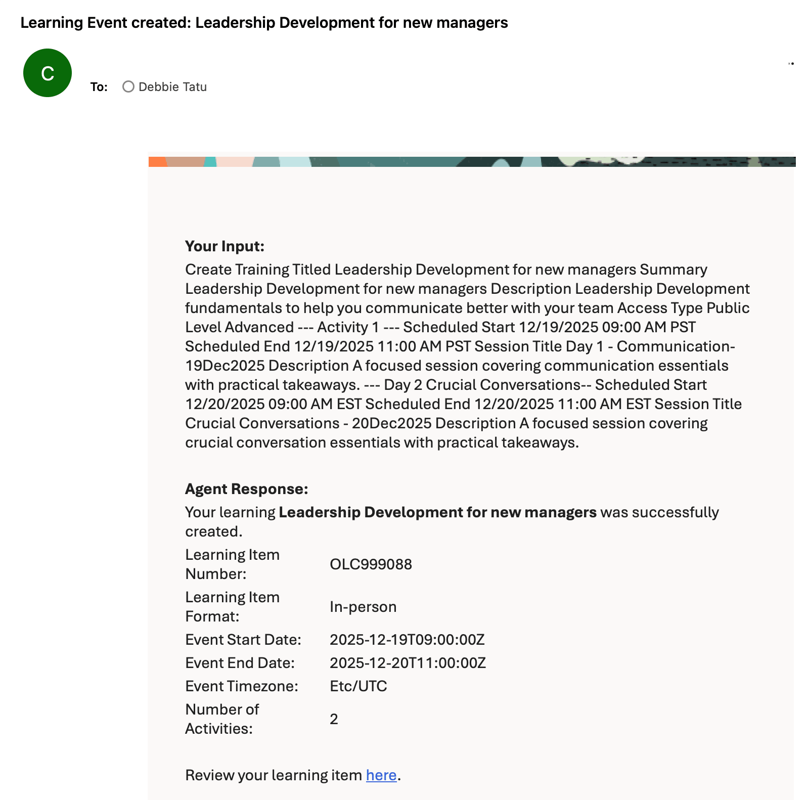 Email Response for a Successfully Created Learning