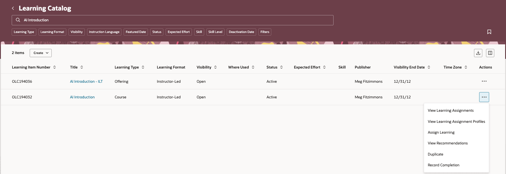 Learning Catalog Page Showing the Row-Level Actions > Record Completion Option