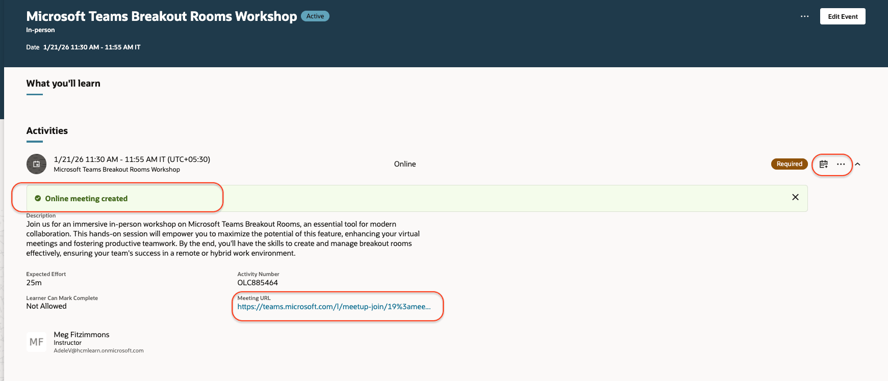Event Details Page with Provider Meeting Creation Status, Meeting URL, and Download Event Icon