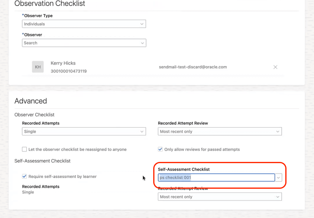 Observation Checklist Showing the Self-Assessment Checklist Options