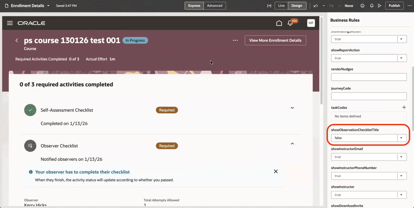 Visual Builder Studio Business Rules for an Observation Checklist