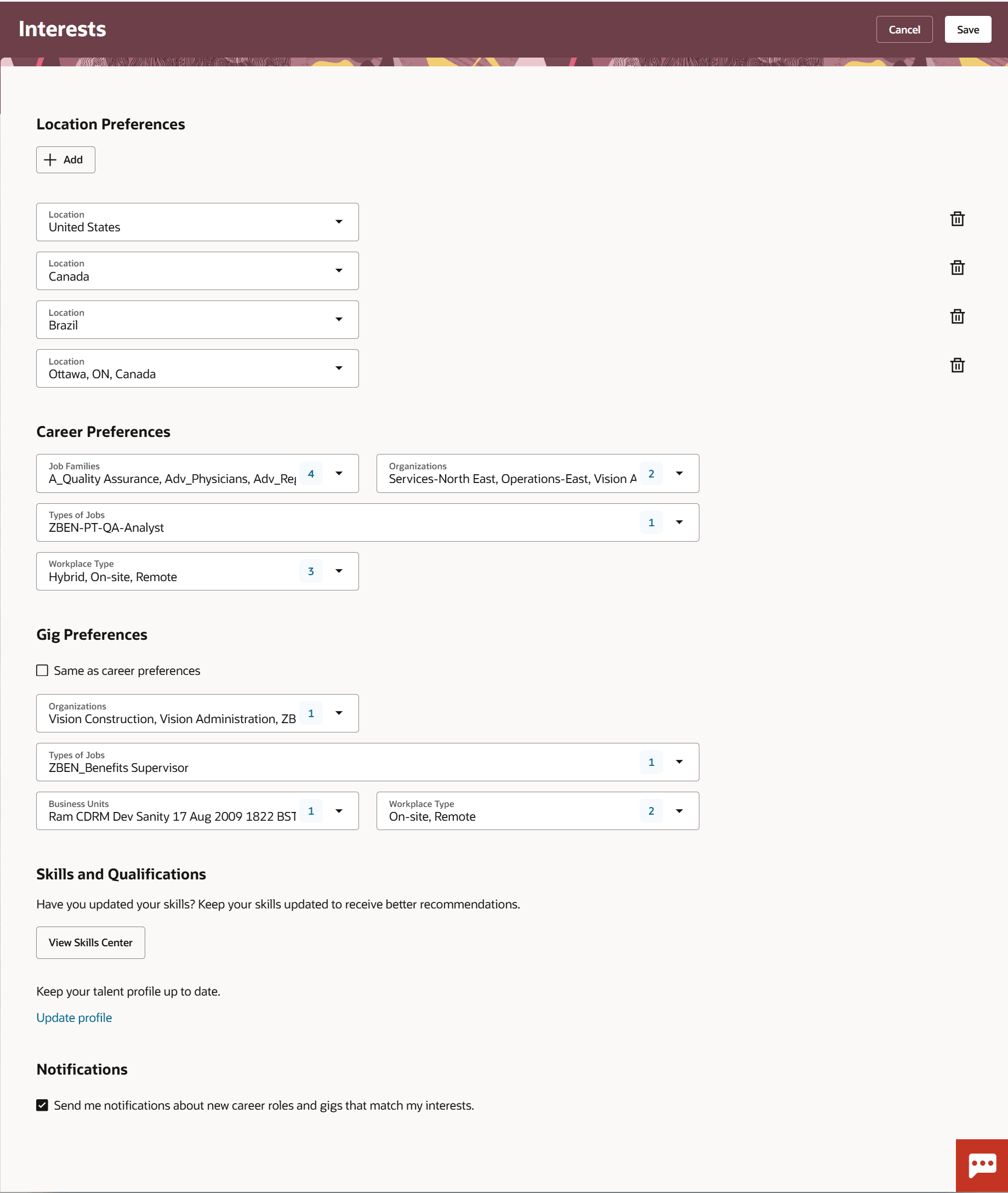 Unified Update Interests Page