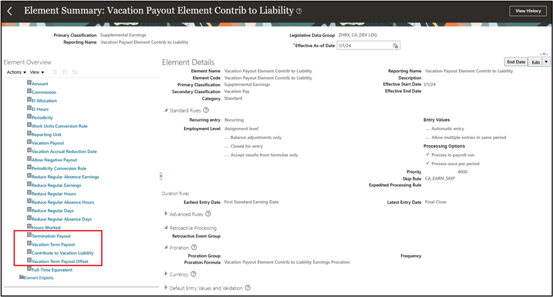 Vacation Payout Element