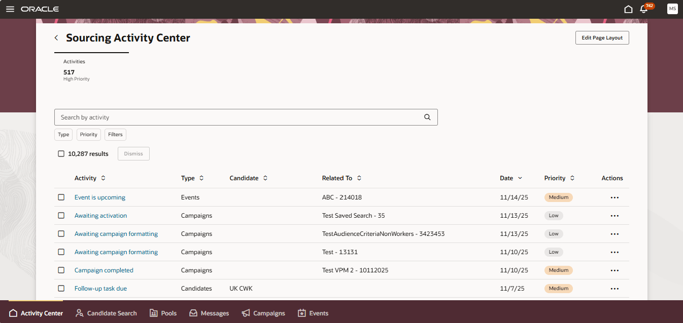 Sourcing Activity Center Page