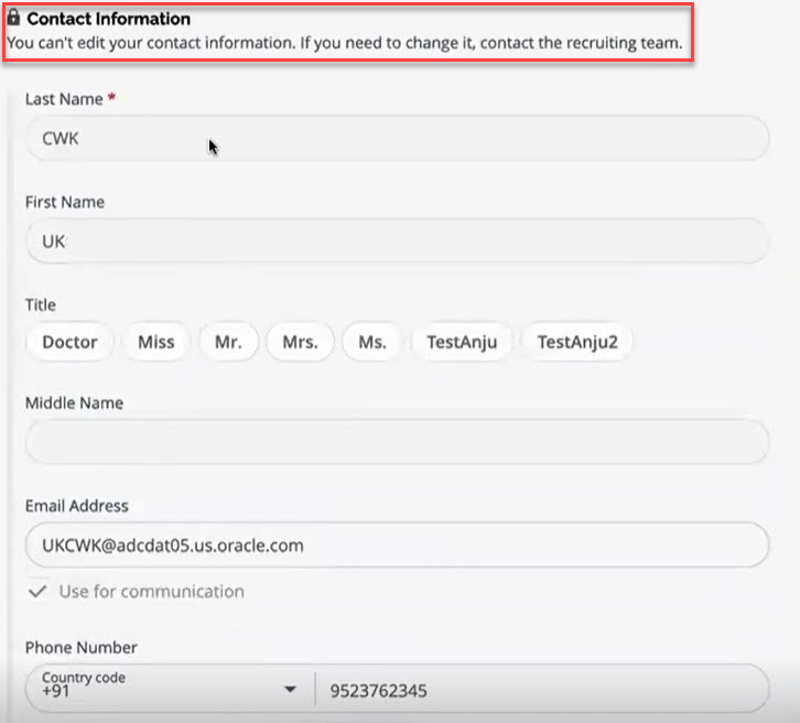 Locked Contact Information Section on the Candidate Portal