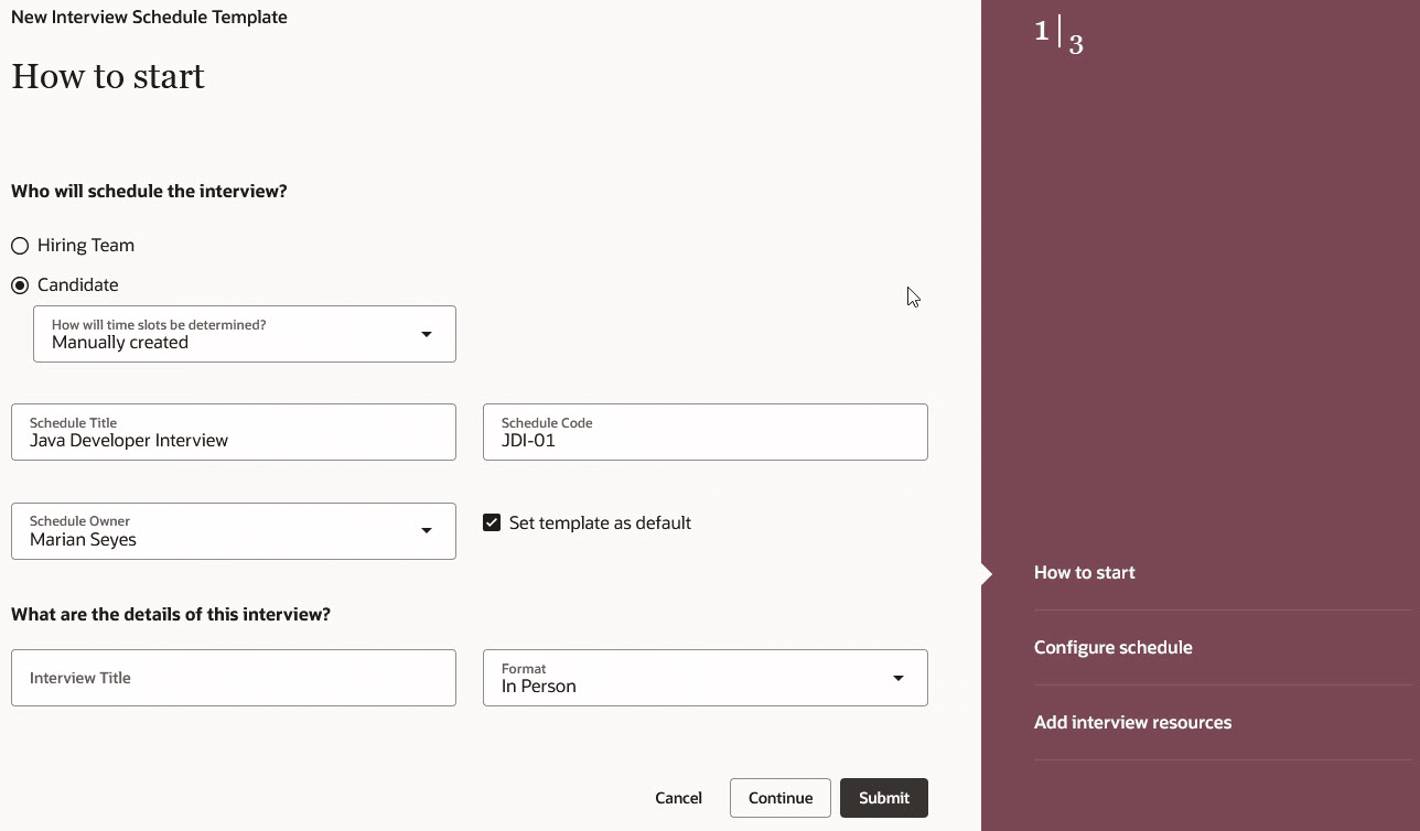 How to Start Section When Creating an Interview Schedule Template