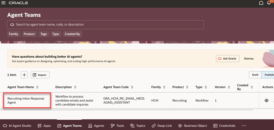 Recruiting Inbox Response Agent on the Agent Teams Tab