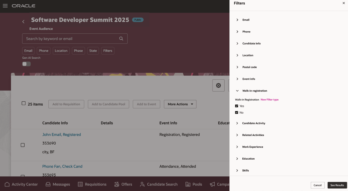Filter candidates by how they checked in