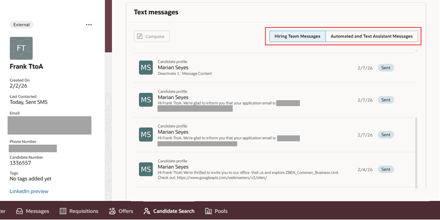 Messages Tab on Candidate Profile Page