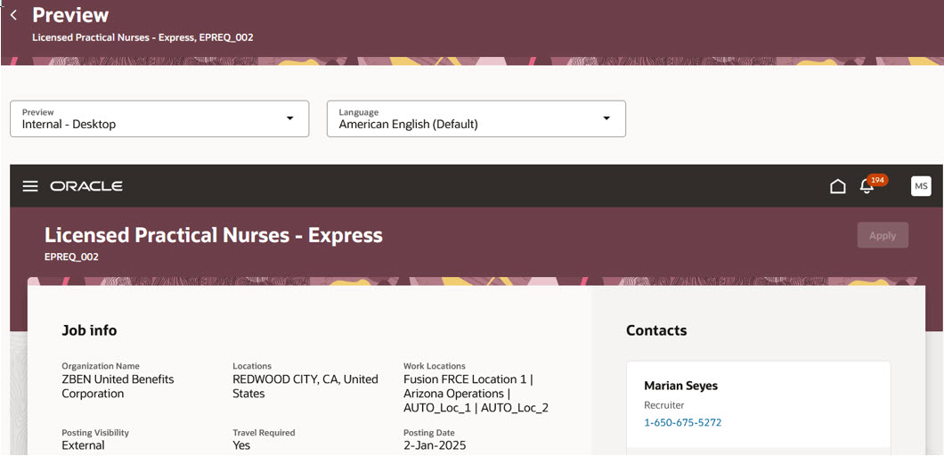 Preview Job Requisition Template: Internal - Desktop View