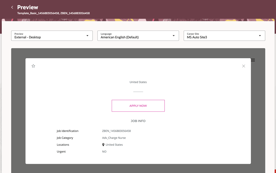 Preview Job Requisition Template: External - Desktop View