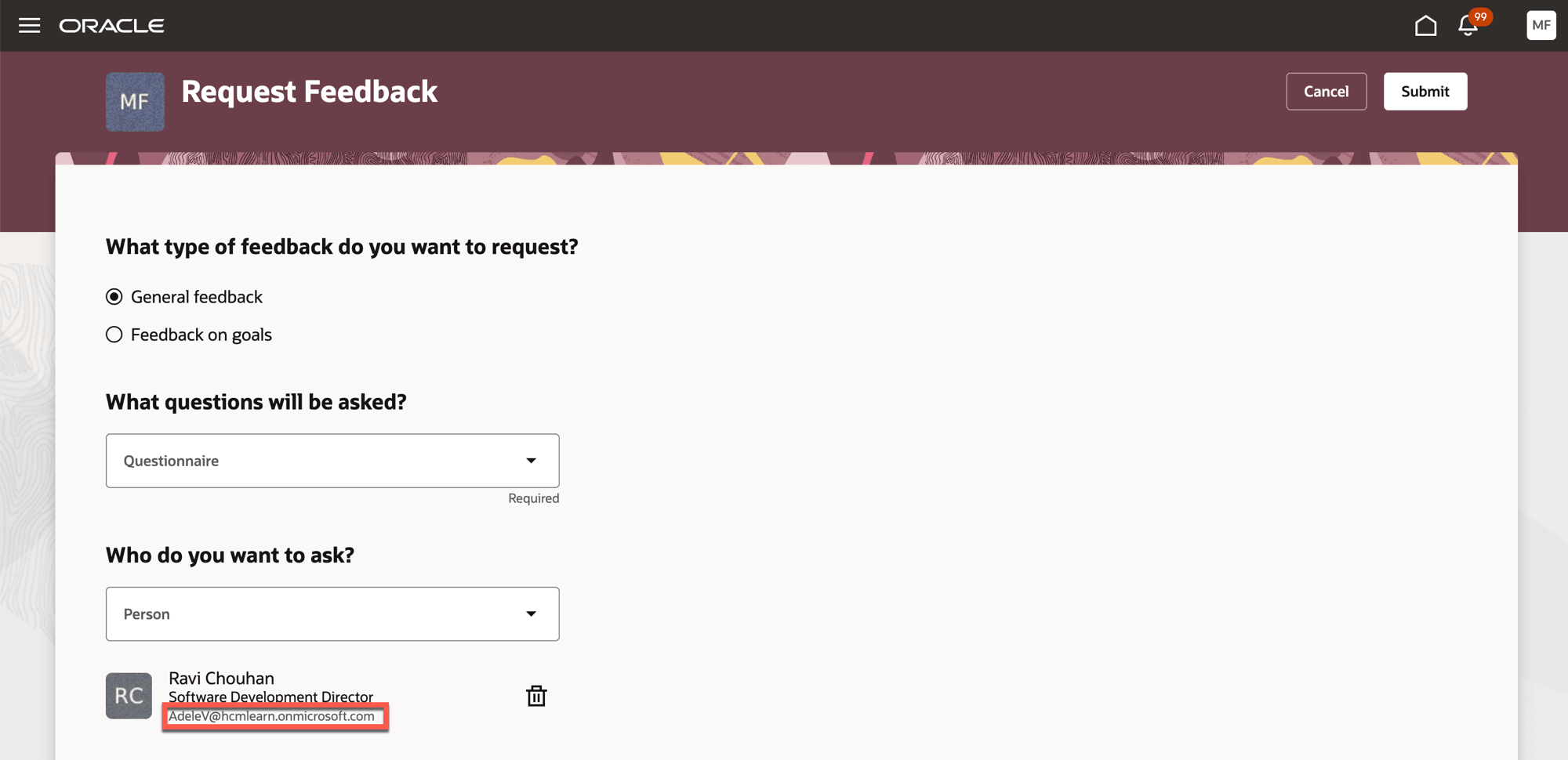 Email ID of feedback provider displayed when enabled