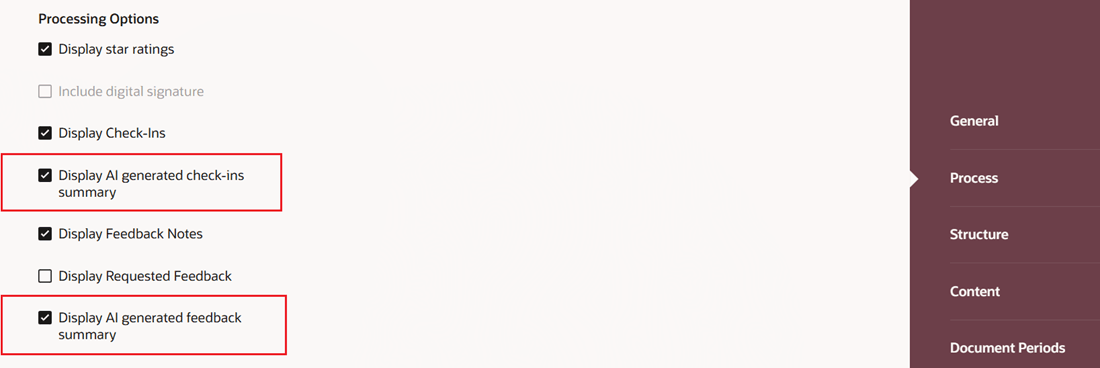 This image illustrates the administrator settings to enable generated feedback summary. It highlights the two options that must be enabled for feedback summary to display in a performance document.