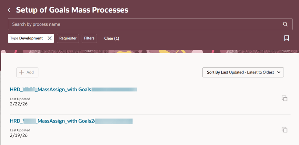 View-Only Setup of Goals Mass Processes page with disabled Add button