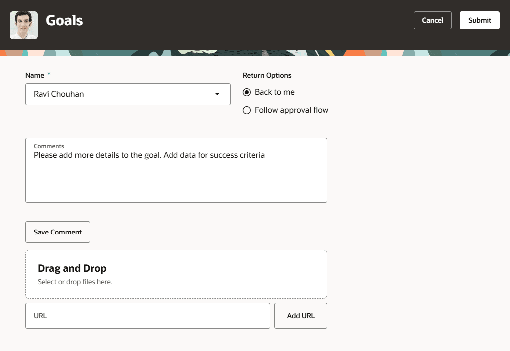 Request for Information window for goals approval