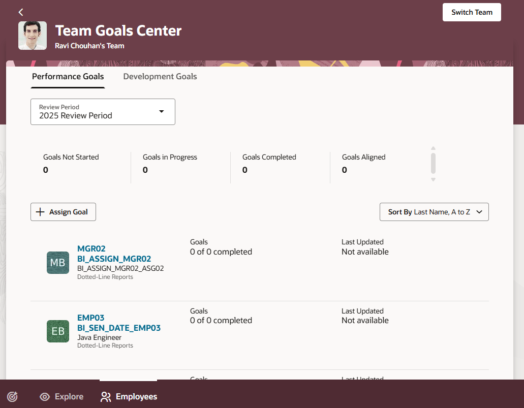 Team Goals Center with Dotted-Line Reports