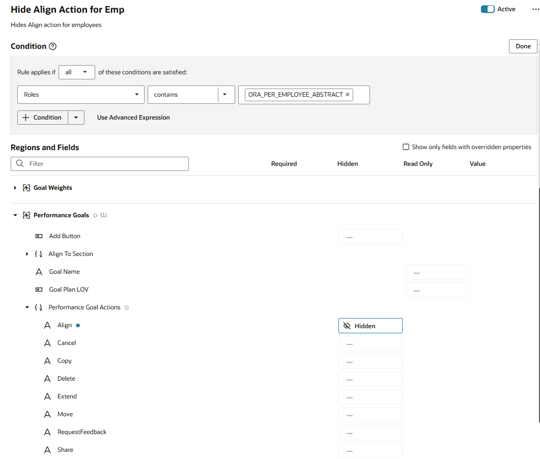 Condition and Region and Fields sections for a Performance Goals form rule