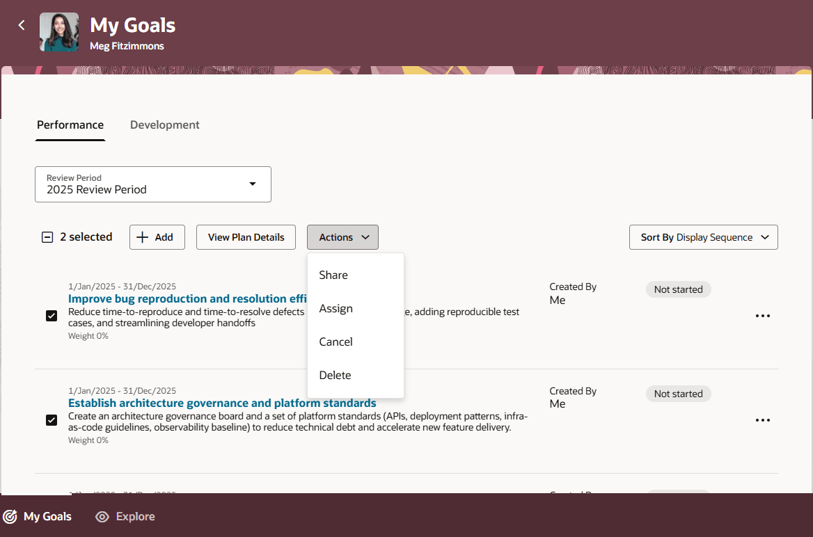 Actions menu on Performance tab of the My Goals page of a Manager