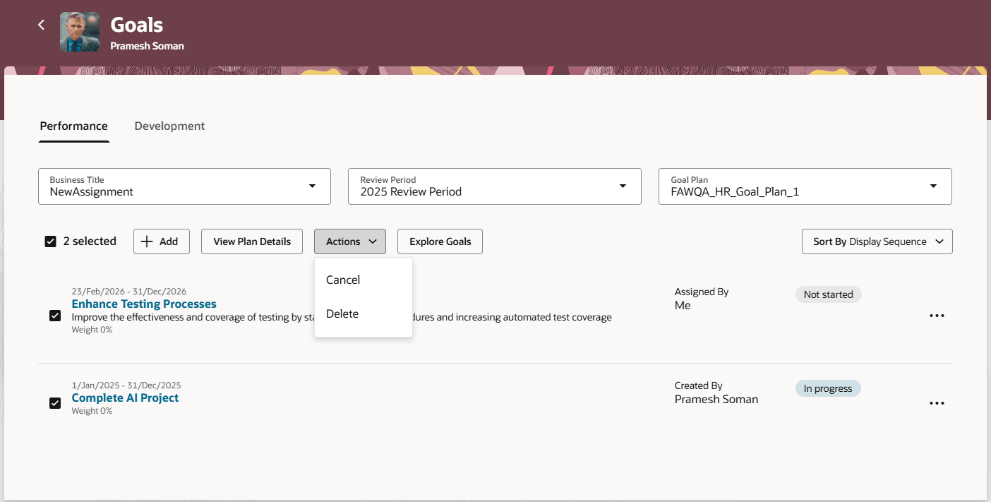 Actions menu on the Performance tab of the Goals page of an organization member