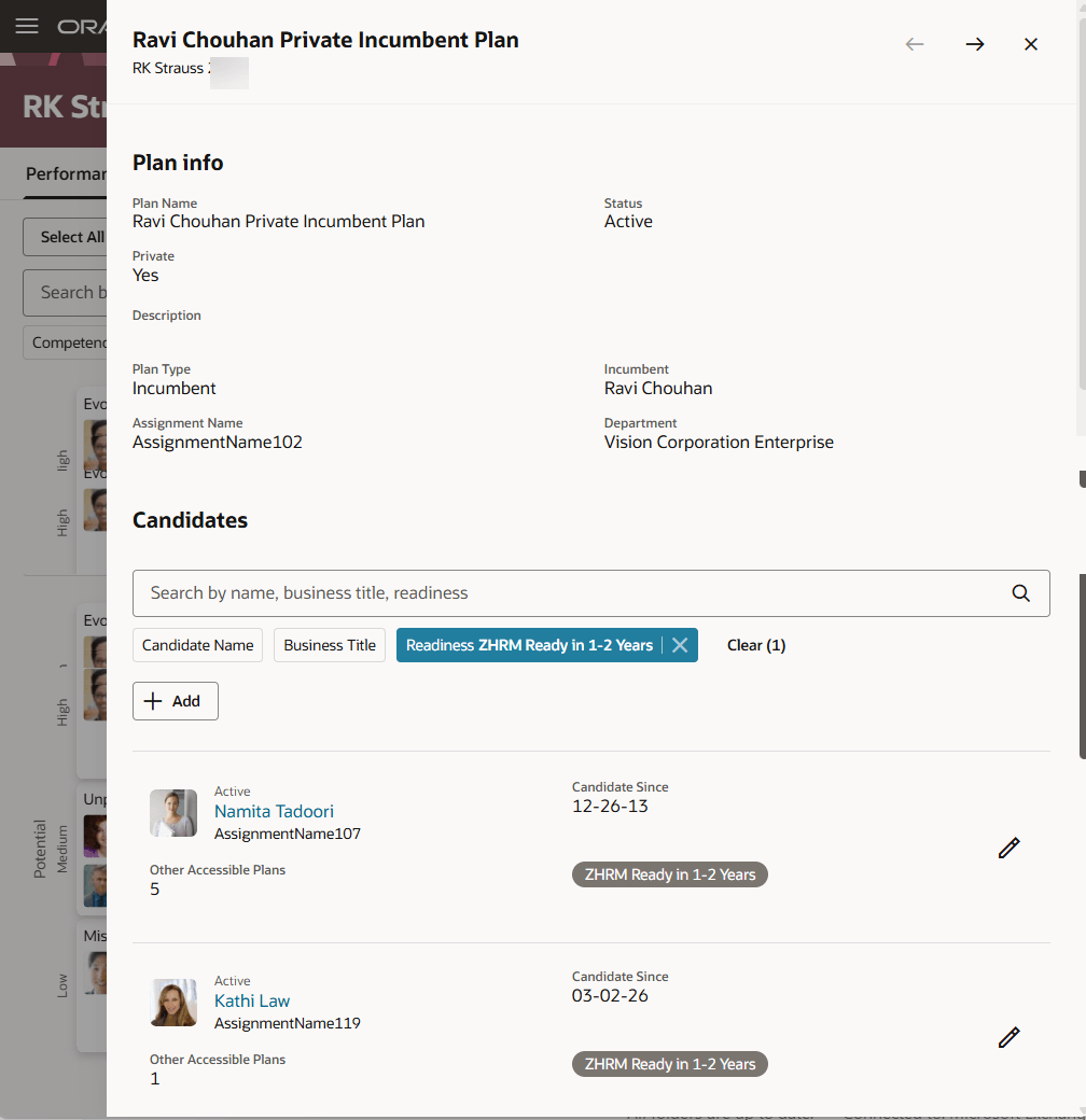Plan Info and Candidates sections of a succession plan 