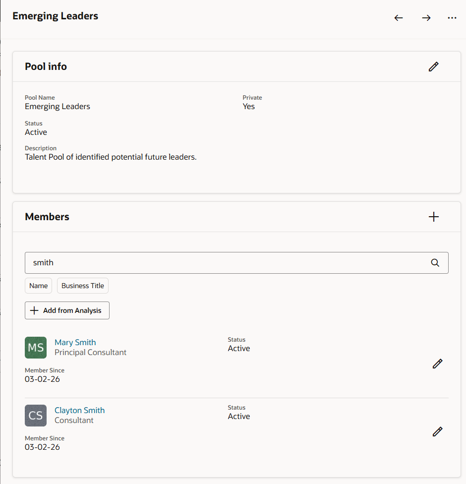 Pool Info and Members section of a talent pool