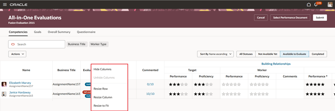 Screenshot of the All-in-One Evaluations page with the table column personalization options highlighted.