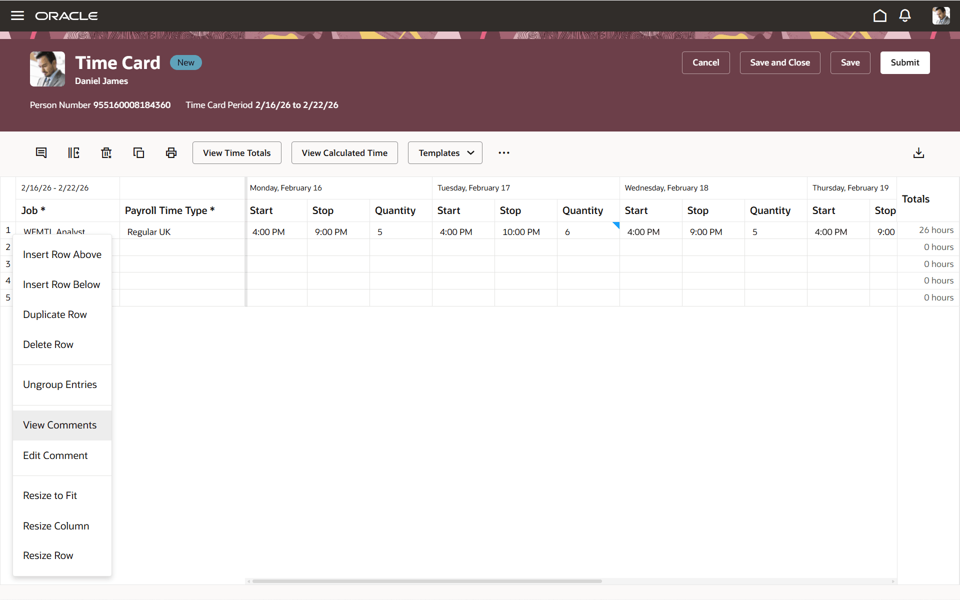 View Comments and Edit Comment Actions on the Redwood Time Card