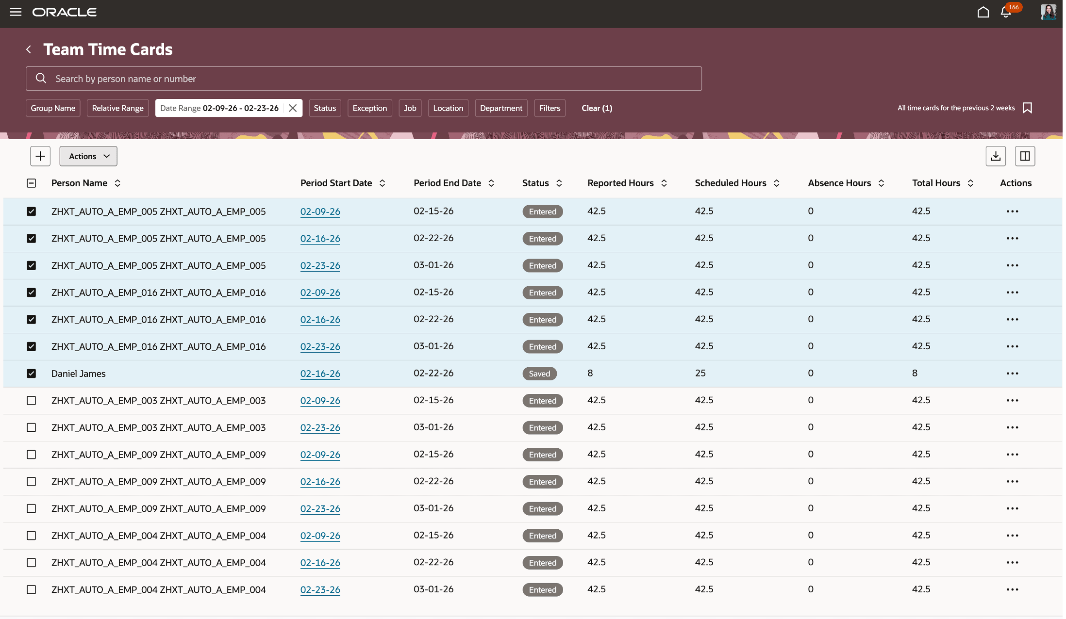 The Team Time Cards page supports selecting multiple time cards.