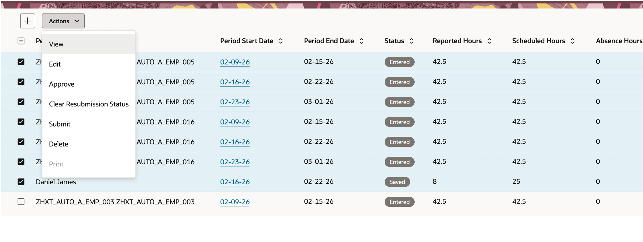 Users choose View or Edit to open the selected time cards in a rolodex.