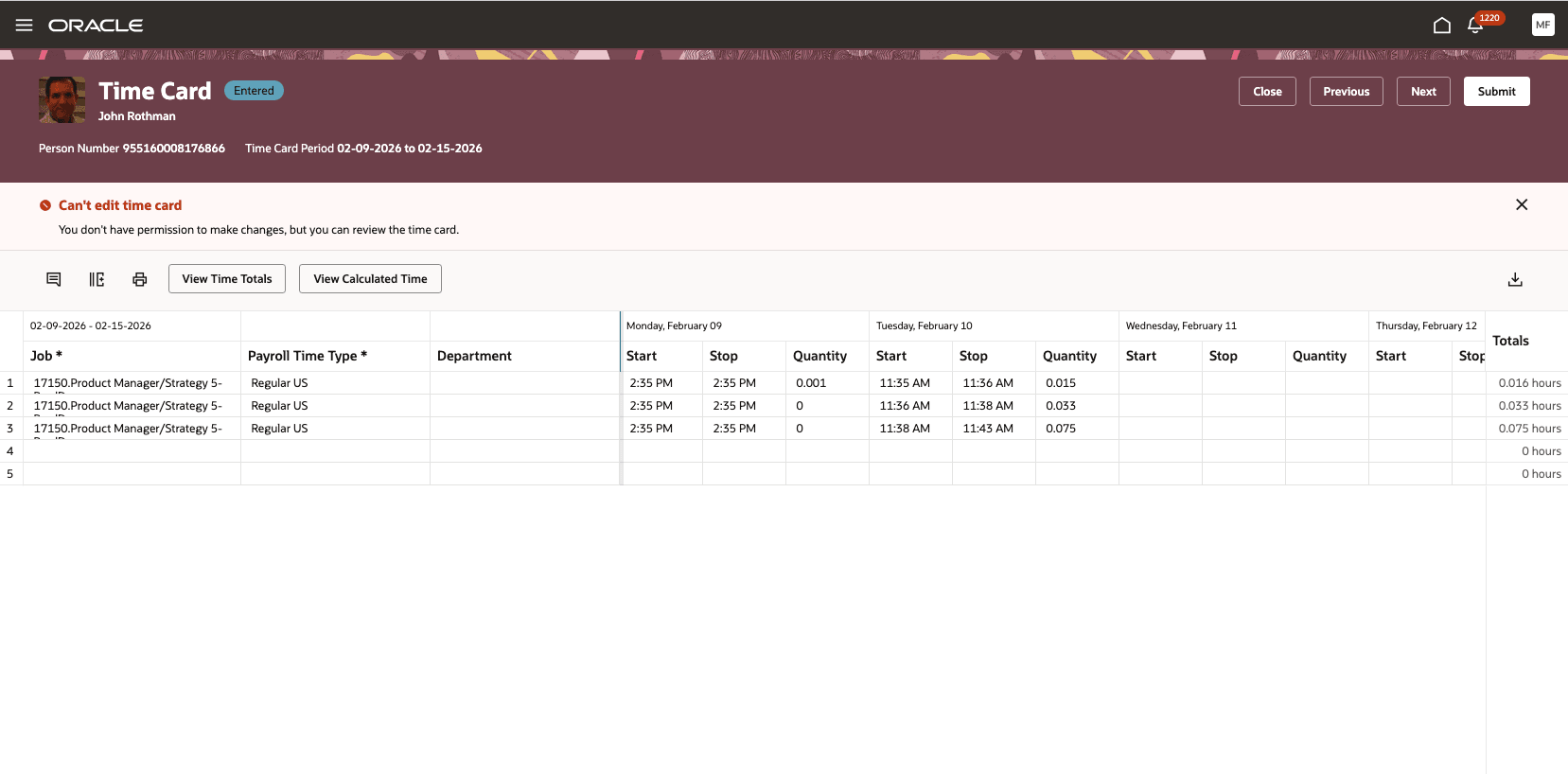 Users navigate among the selected time cards using Previous and Next.