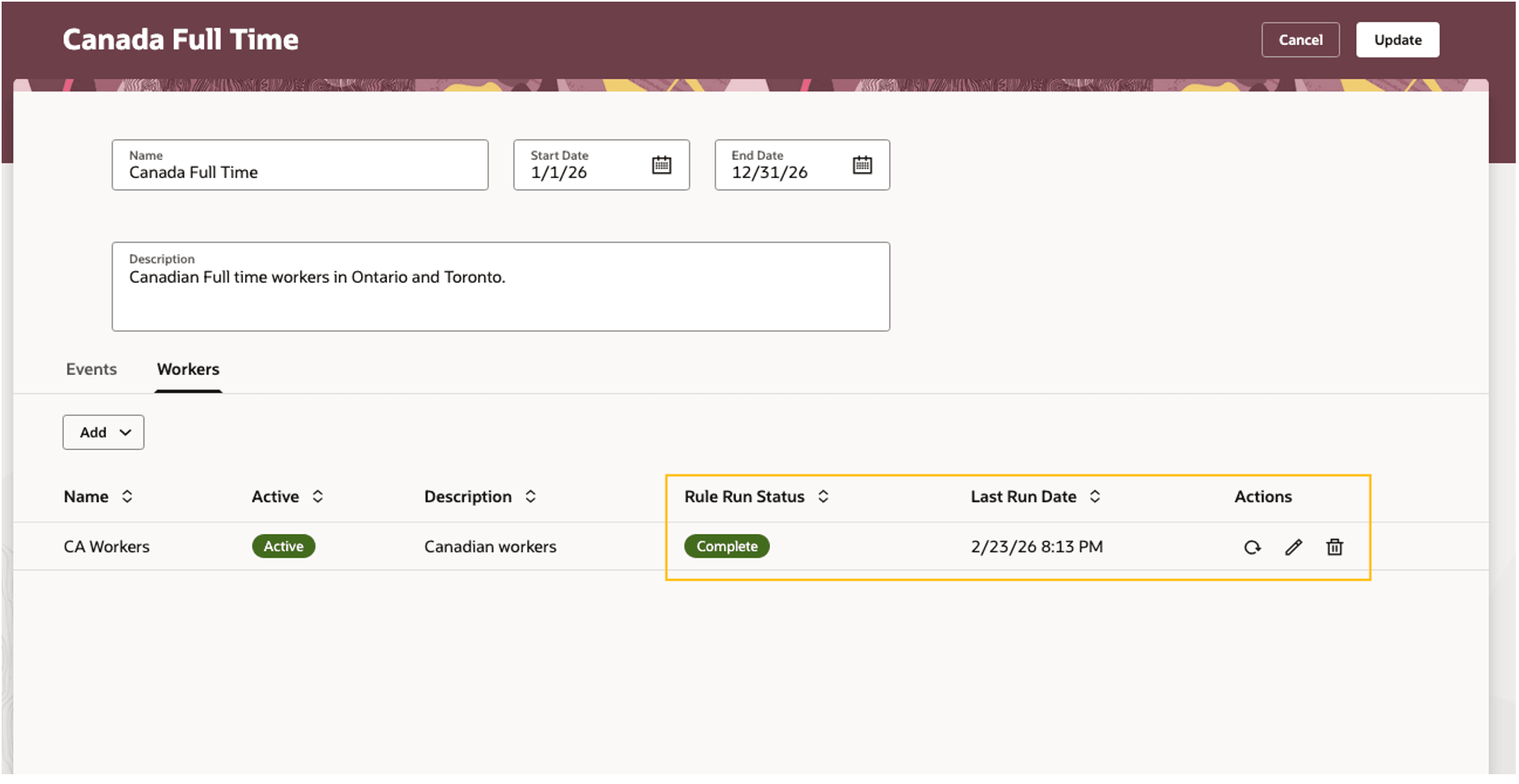 Individual rule status and refresh action in the workers tab of a calendar