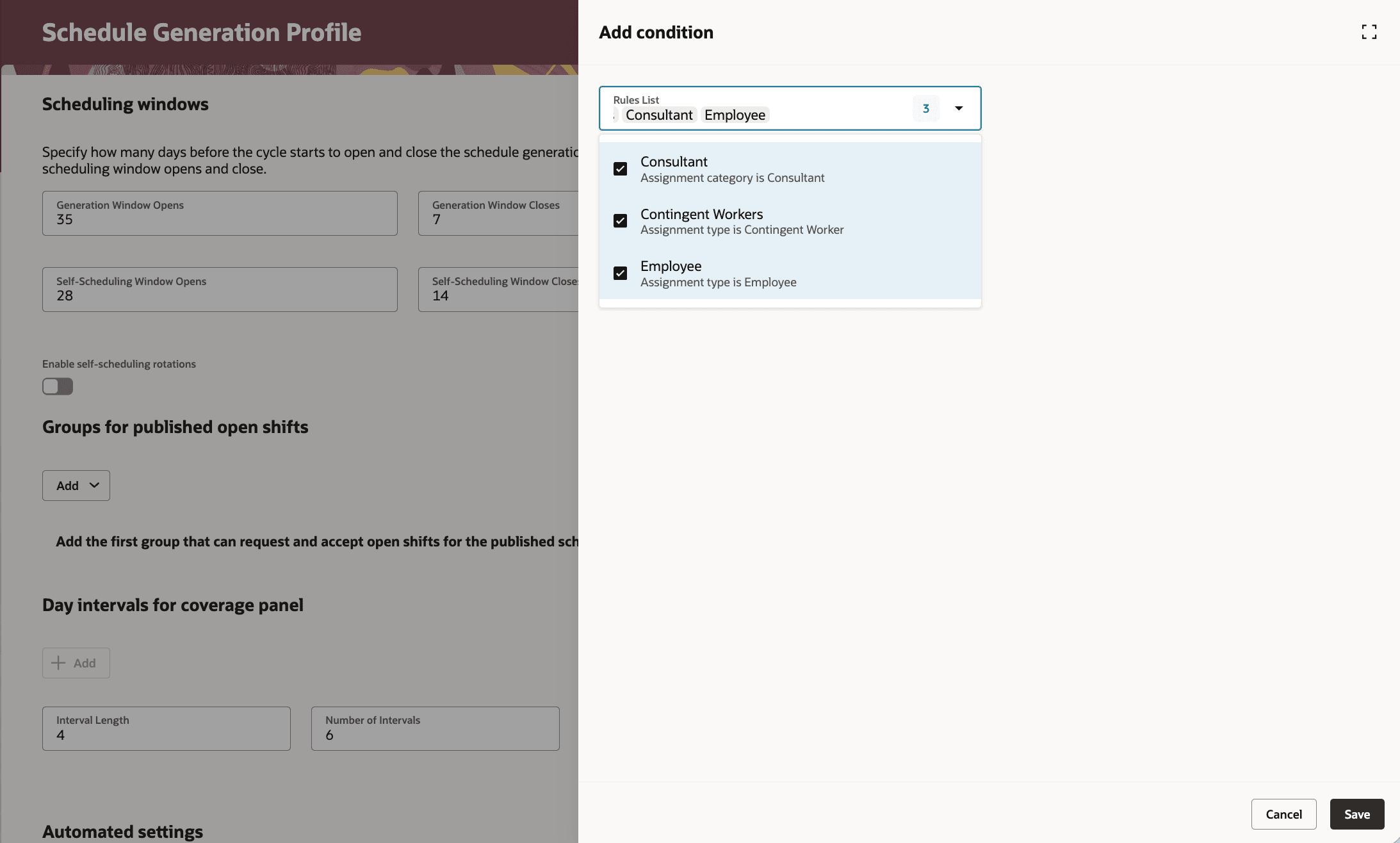 Add Existing Condition on Groups for Published Open Shifts in Schedule Generation Profiles