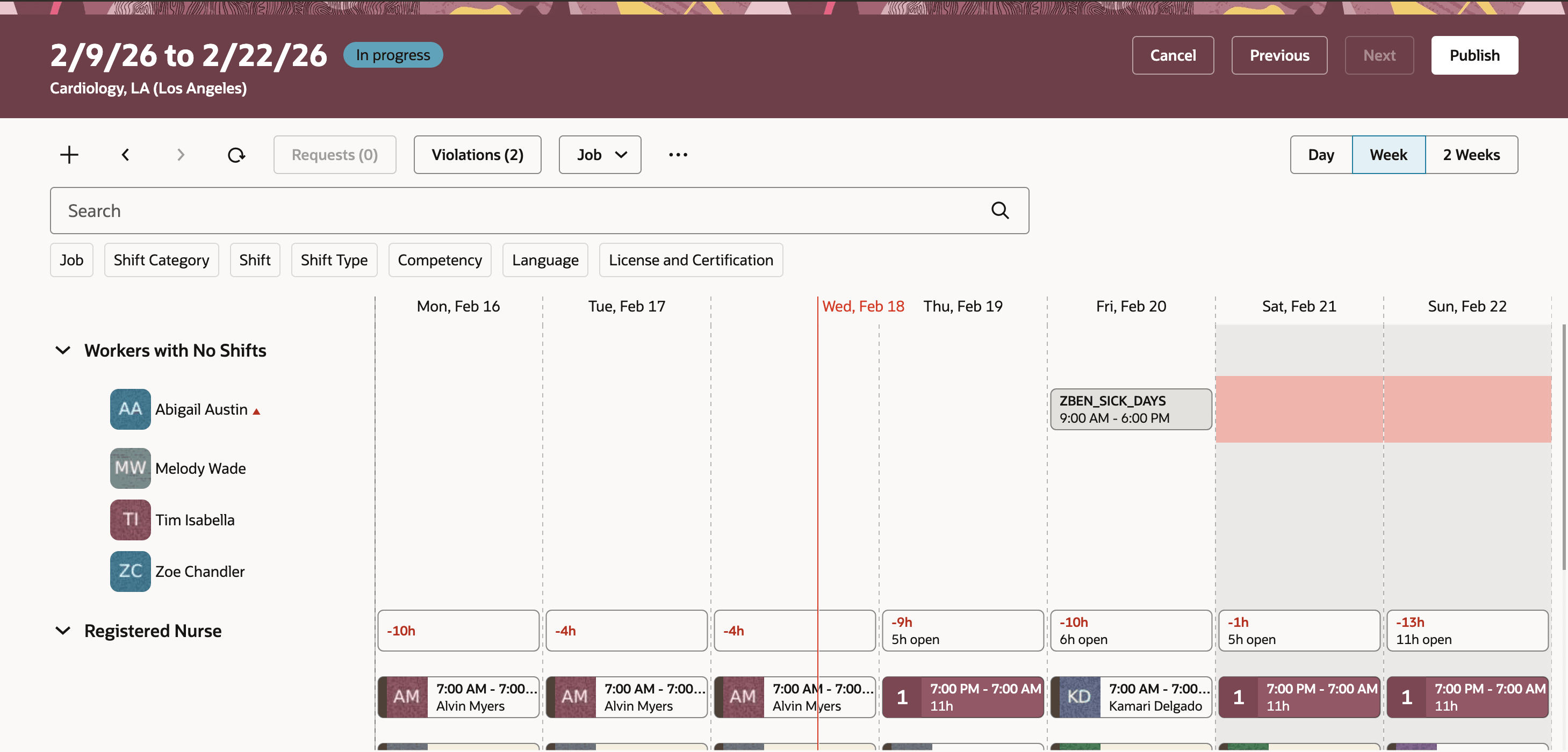 Workers with No Shifts section at the Workforce Schedule Page