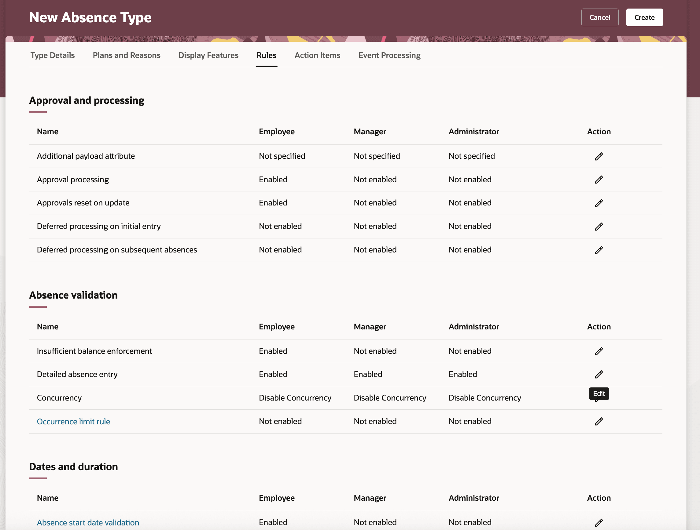 Rules tab in the absence type setup page