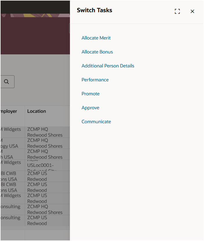 Switch Tasks Panel Drawer