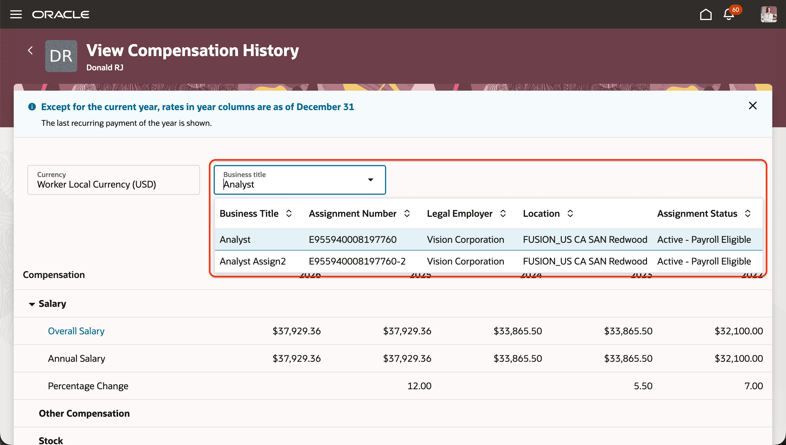 Business Title Switcher View Compensation History