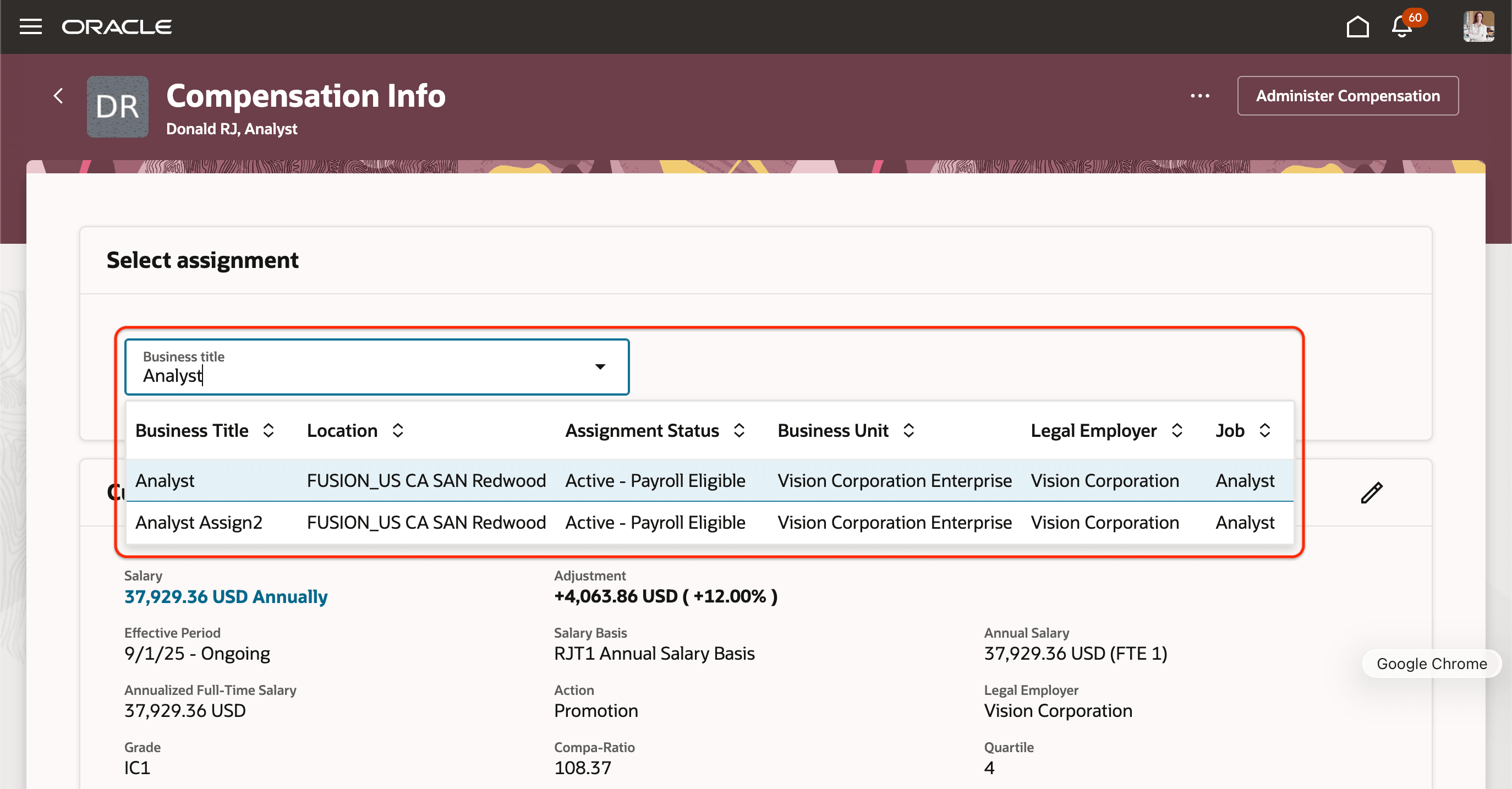 Business Title Switcher in Compensation Info with Modified Attributes